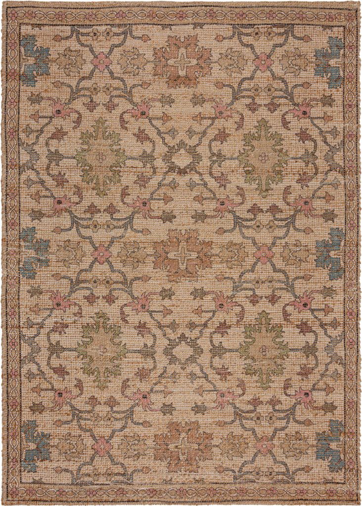 Flachgewebe Teppich mit floralem Oriental-Muster, Strapazierfähige Jute-Chenille-Mischung Rosa 80x150 | 73% Jute, 24% Polyester, 3% Baumwolle