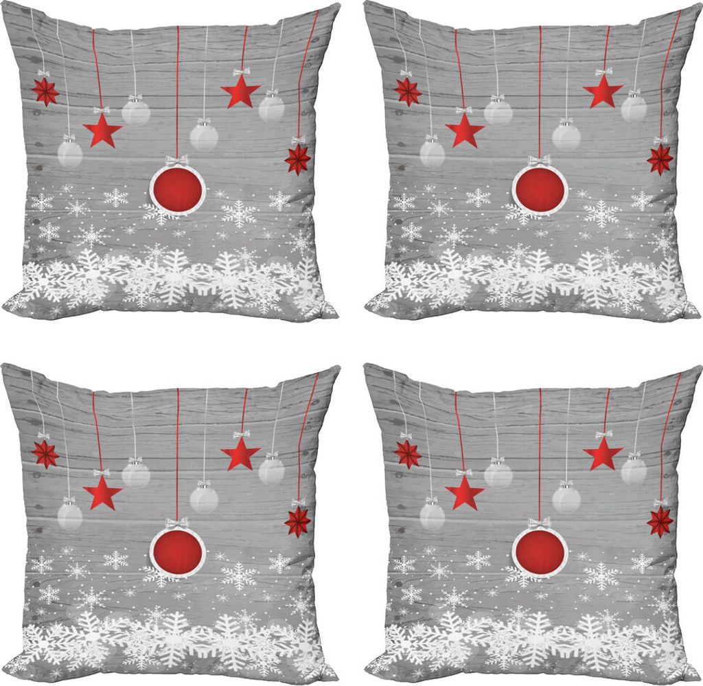 ABAKUHAUS Weihnachten Kissenbezug Set (4 Stück), Sterne-Flitter Schnee, Moderner Doppelseitiger Digitaldruck, 50 cm x 50 cm, Grau, Rot, Weiß