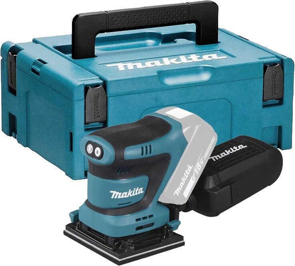 A teal and black Makita orbital sander with a battery pack and a teal Makita MAKPAC storage case.