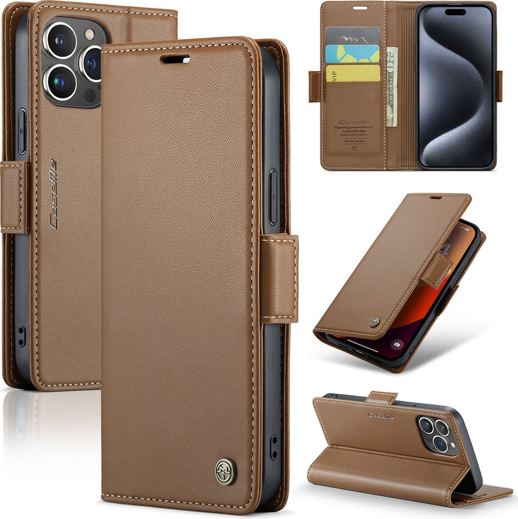 iPhone 15 Hülle, Leder Brieftasche Kartenfach Schutzhülle mit Standfunktion für iPhone 15 Braun