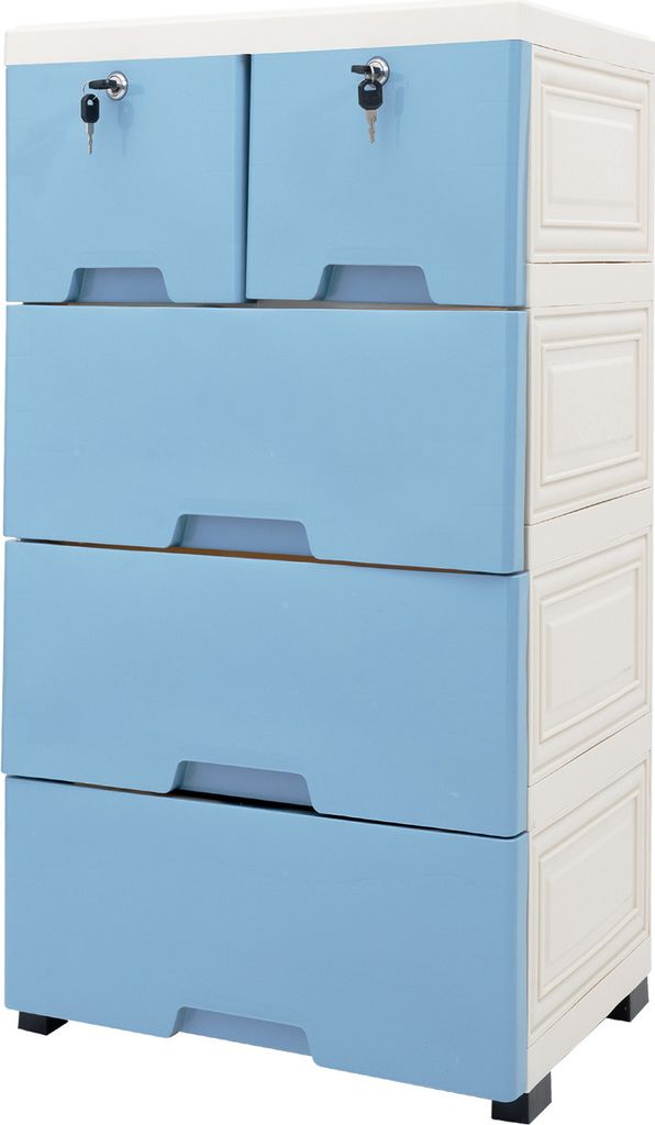 A plastic chest of drawers with blue drawers and white side panels, featuring two small locks on the top drawers.