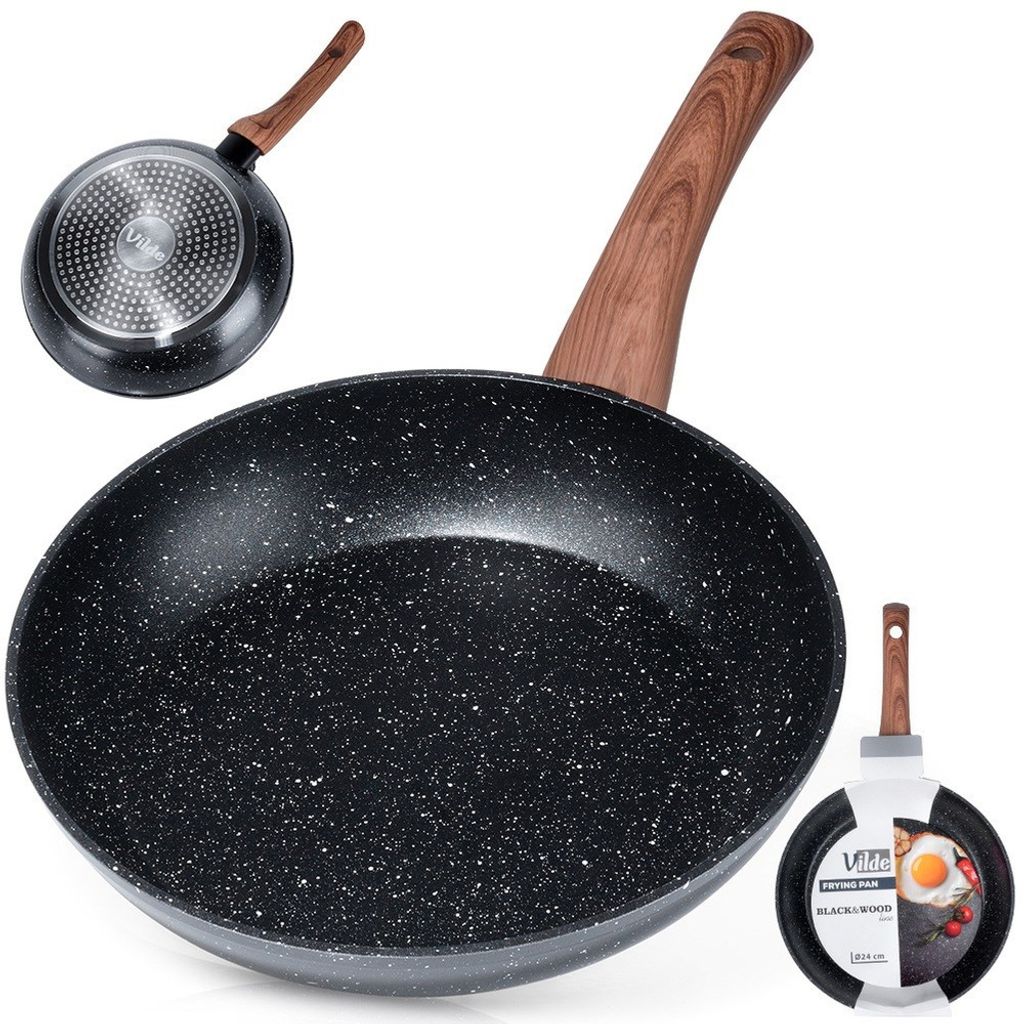 A black granite frying pan with a wooden handle is shown from multiple angles, along with a small packaging insert showing the pan with food.