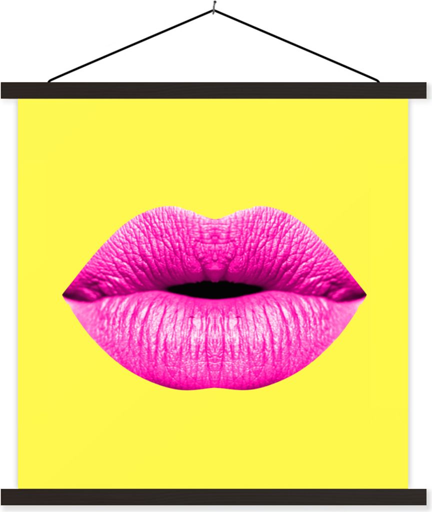 MuchoWow Textilposter Lippen - Rosa - Gelb 120x120 cm mit schwarzem Rahmen - Aufhängungsset