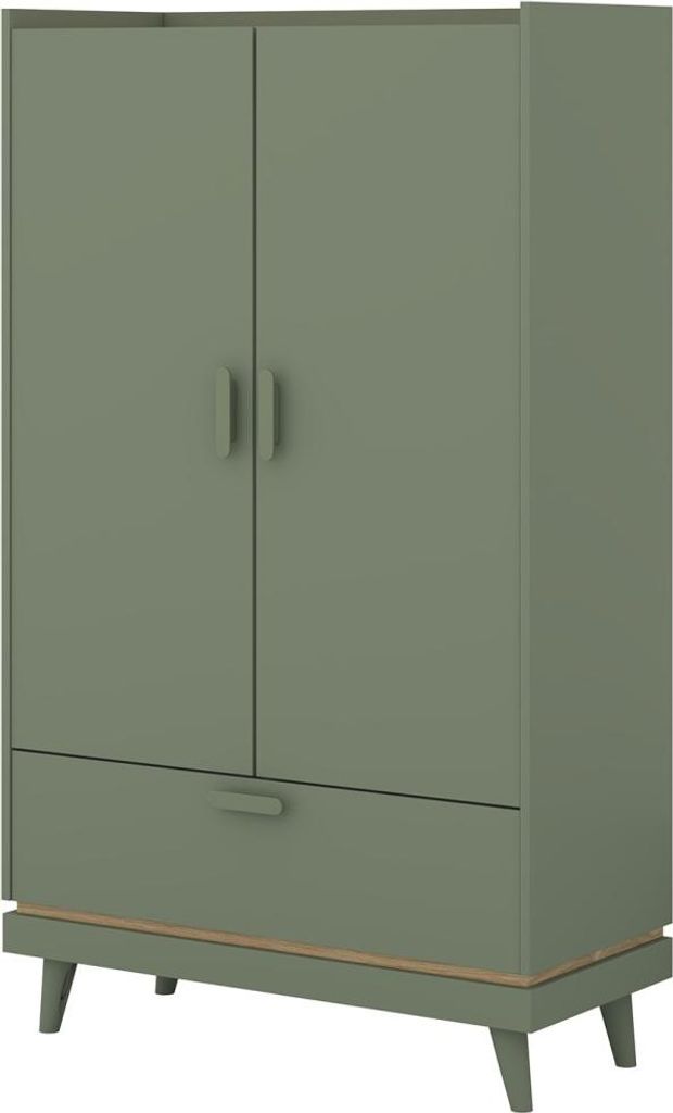 Schrank NOKI – 2 Türen + 1 Schublade grün und Holz – Kleiner Schrank im skandinavischen Stil