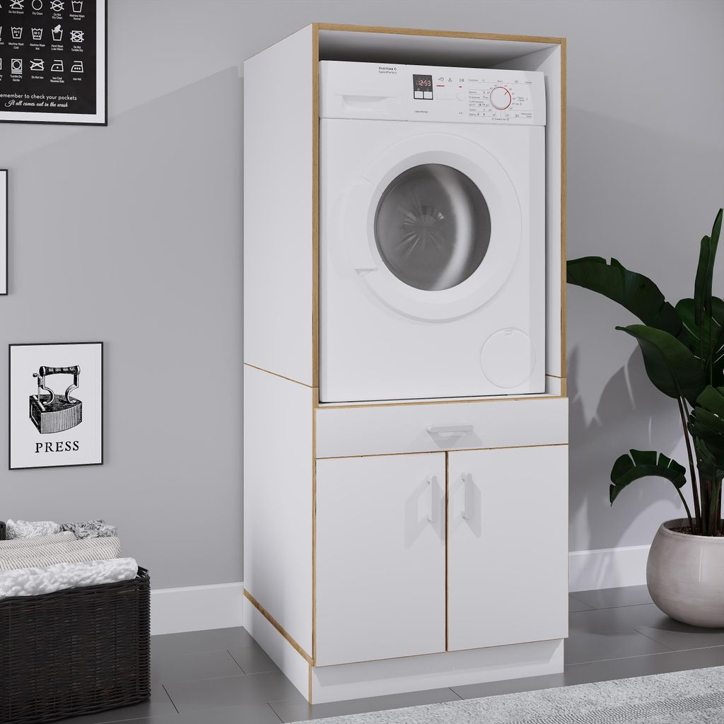 VCM Waschmaschinenschrank mit Unterschrank, Waschmaschinenumbau mit Stauraum hinter zwei Drehtüren und einer Schublade, Maße: Überbauschrank H. ...