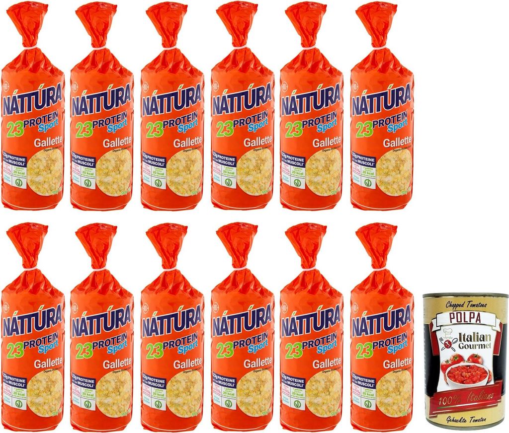 12x Náttúra Protein Sport Gallette ,Linsen-Erbsen-Kuchen,reich an Proteinen,Glutenfrei 100g + Italian Gourmet Polpa di Pomodoro 400g Dose