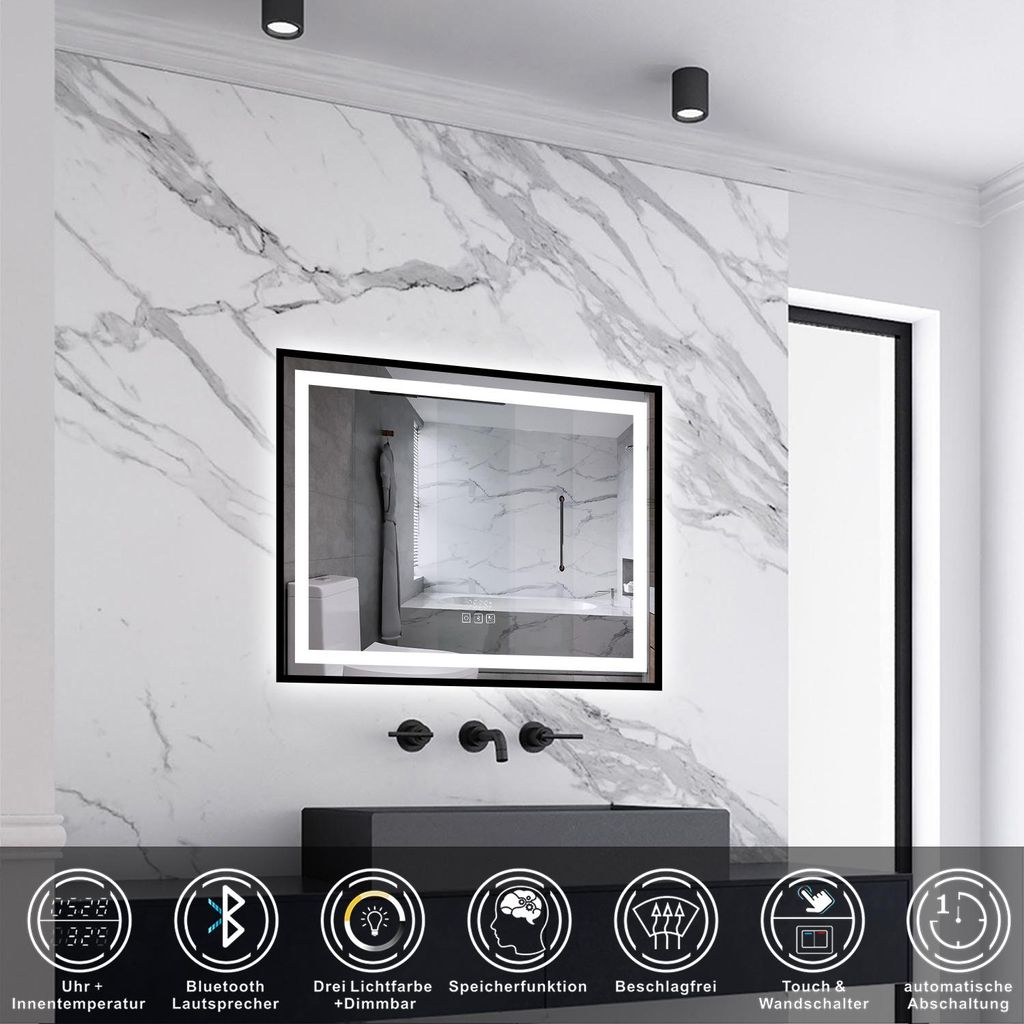 AICA LED Badspiegel Rechteck 80x60cm Beschlagfrei Bluetooth Uhr 3 Lichtfarbe Dimmbar Wandspiegel mit Schwarzem Rahmen IP44