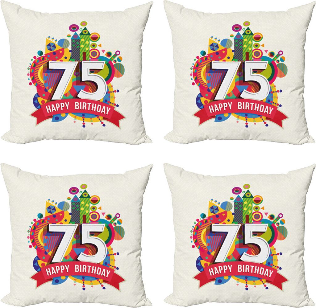 ABAKUHAUS 75. Geburtstag Kissenbezug Set (4 Stück), geometrische Cartoon, Moderner Doppelseitiger Digitaldruck, 60 cm x 60 cm, Mehrfarbig