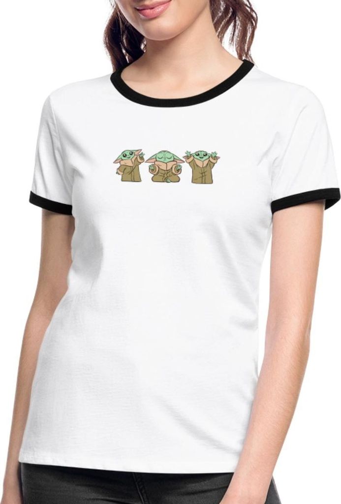 Star Wars: Mandalorian Grogu Posen Frauen Kontrast T-Shirt, XL, Weiß/Schwarz