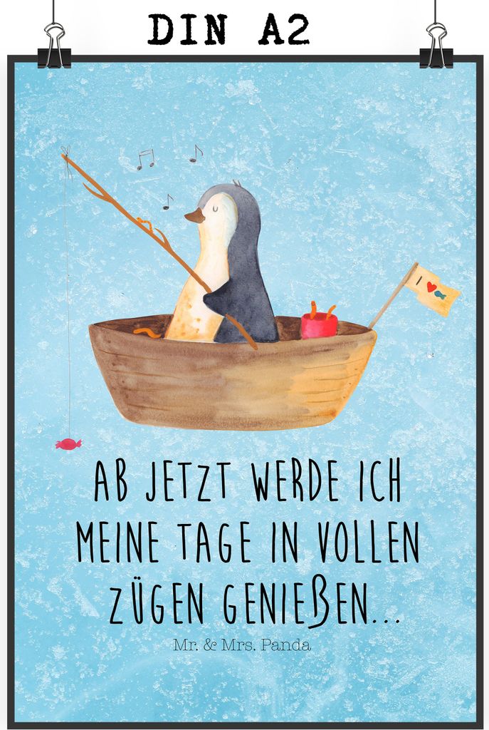 Mr. & Mrs. Panda Bild Pinguin Angelboot DIN A2 - Eisblau - Geschenk, drucke, Wanddekoration, Boot, Wandbild, Leben, Optimistisch, typografie poster...