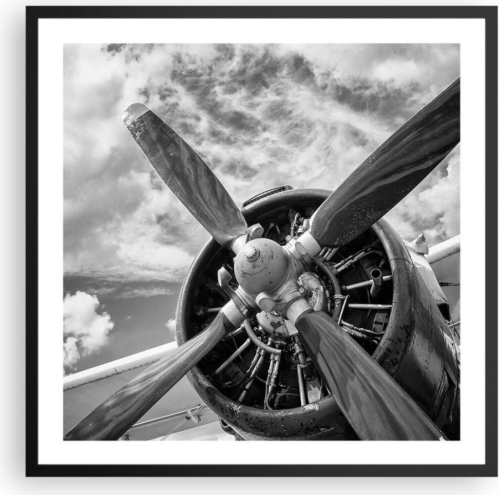 Gerahmtes Poster - Schwarzer Rahmen - Motor Schwarzweiß Propeller - 60x60 cm - Wand Bild - Wanddeko - Wandbilder - Wandposter - Bilderrahmen - Bil...