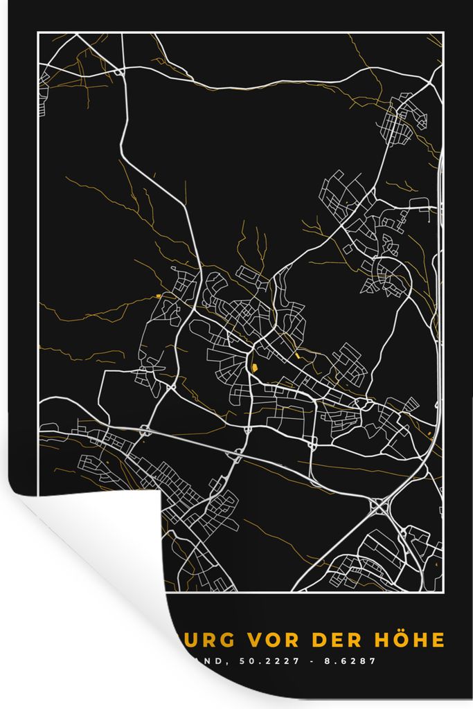 MuchoWow Wandtattoo Wandsticker Wandaufkleber Stadtplan - Karte - Bad Homburg vor der Höhe - Gold - Deutschland - Karte 80x120 cm Selbstklebend ...