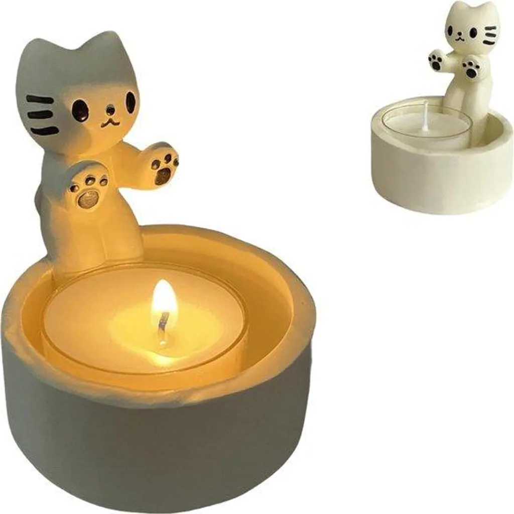 Petit porte-bougie chat en céramique blanche artisanale pour bougie chauffe-plat