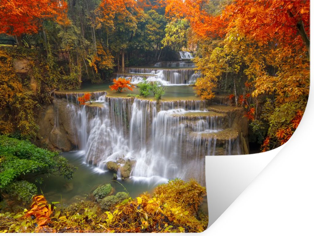 MuchoWow Wandtattoo Wandsticker Wandaufkleber Bäume - Wasserfall - Herbst 160x120 cm Selbstklebend und Repositionierbar - Selbstklebend - Fotota...