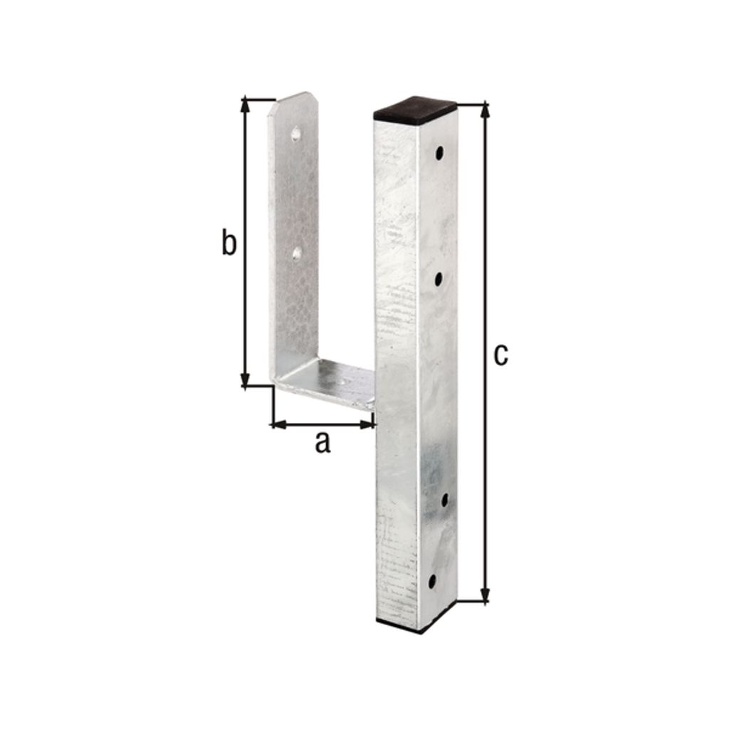 A galvanized metal post anchor with measurement labels.