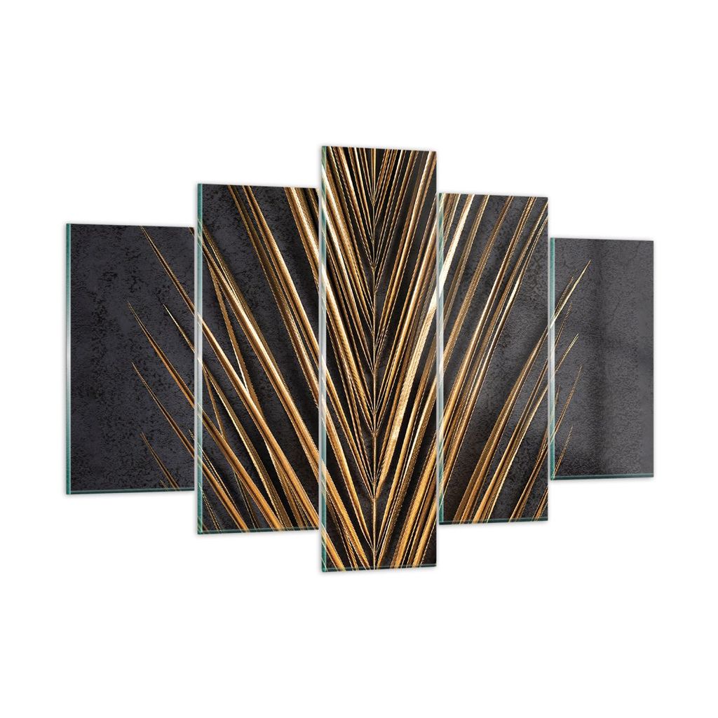 Bilder auf glas - 5 Teile - Blatt golden schwarz - 150x100cm - Glasbilder - Wandbilder - Bilder - zum Aufhängen bereit - Wanddekoration aus Glas -...