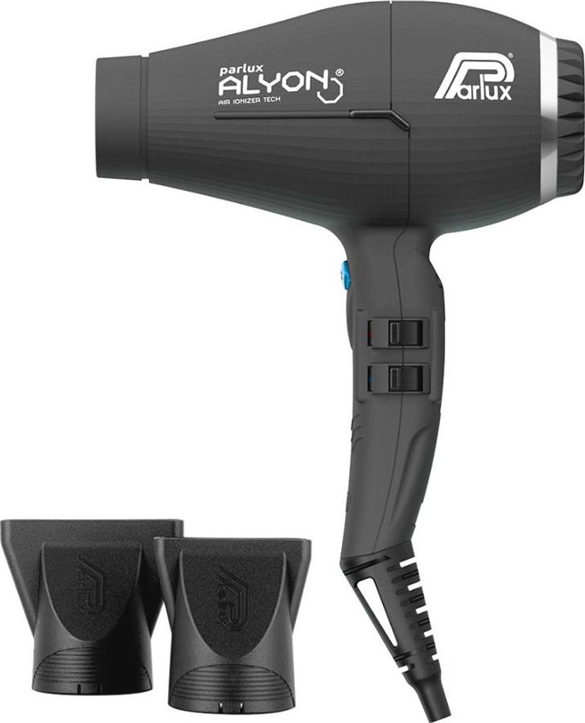 A black Parlux Alyon hair dryer with two black nozzle attachments is shown against a white background.