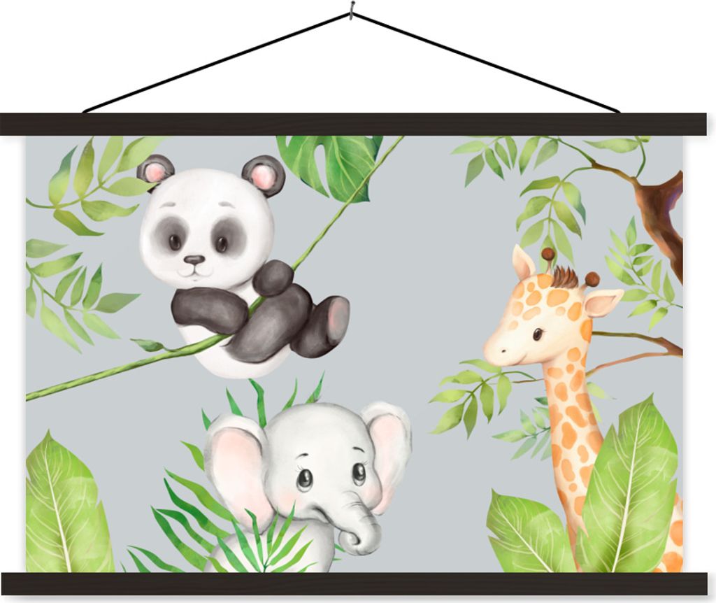 MuchoWow Textilposter Dschungel - Blätter - Tiere 60x40 cm mit schwarzem Rahmen - Hölzernes