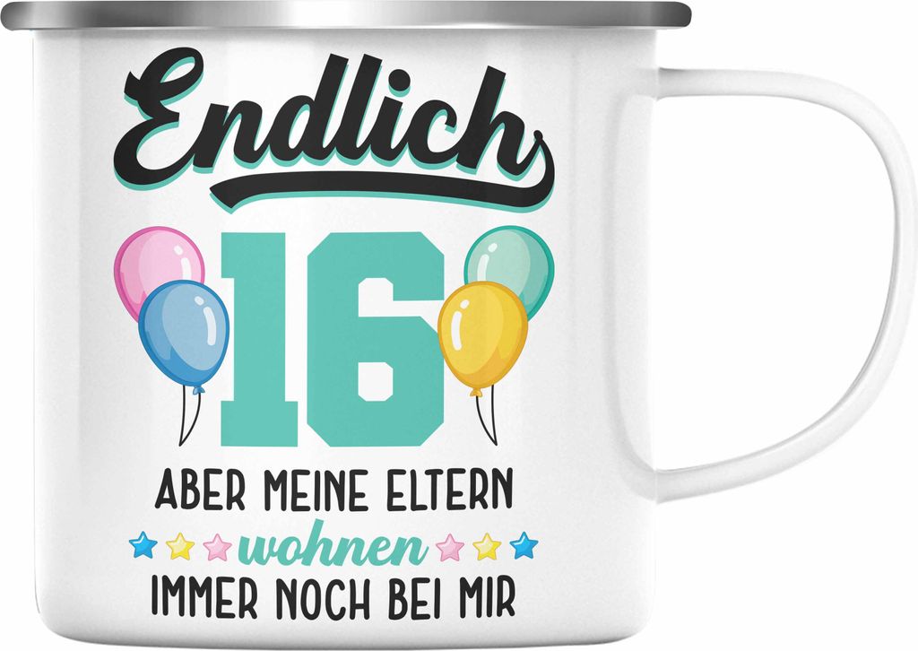 Trendation - 16. Geburtstag Emaille Tasse Geschenk Mädchen Jungen Geschenkidee Lustig Spruch 16 Geschenke Geschenkideen zum 16 Bday 16er (Silber)