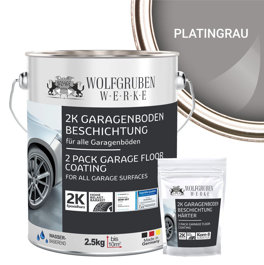 2K Garagenbodenbeschichtung Garagenfarbe Garagenbodenfarbe Epoxidharz Bodenbeschichtung für Garage Werkstatt Keller - Platingrau l 2,5kg