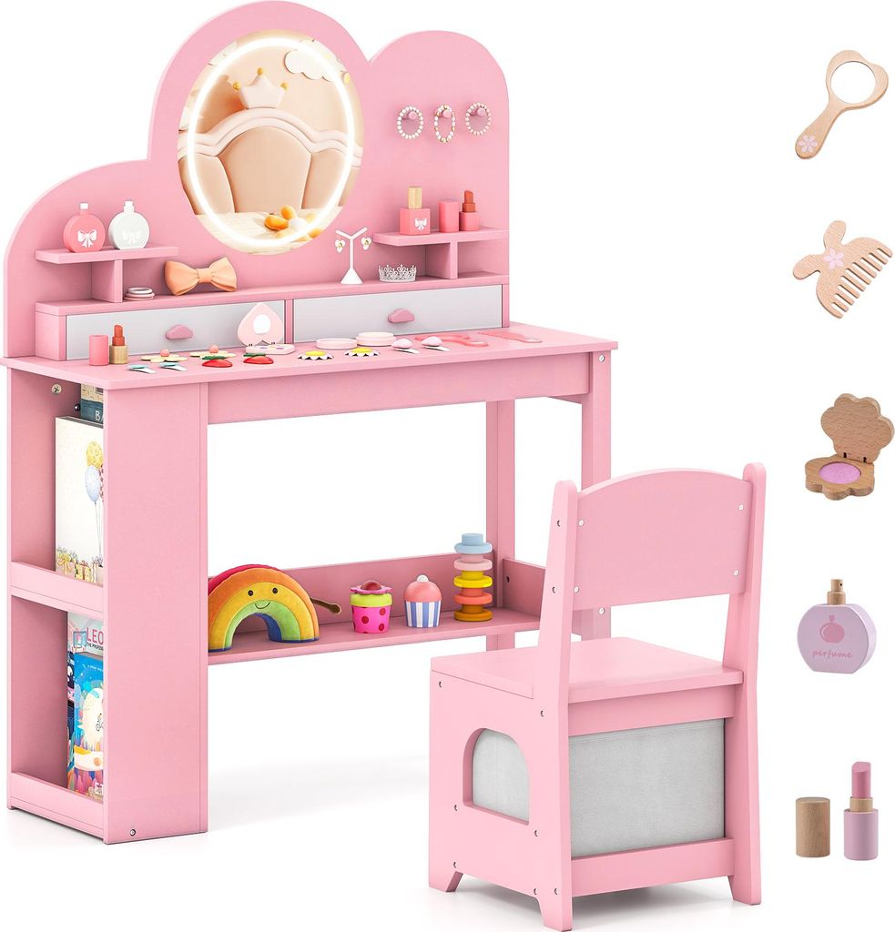 COSTWAY Kinder Schminktisch, Frisiertisch Prinzessin Holz, 3 farbigen LED-Spiegel, 2 Schubladen, Bücherregal, Haken&Zubehör, für Mädchen 3+ Rosa