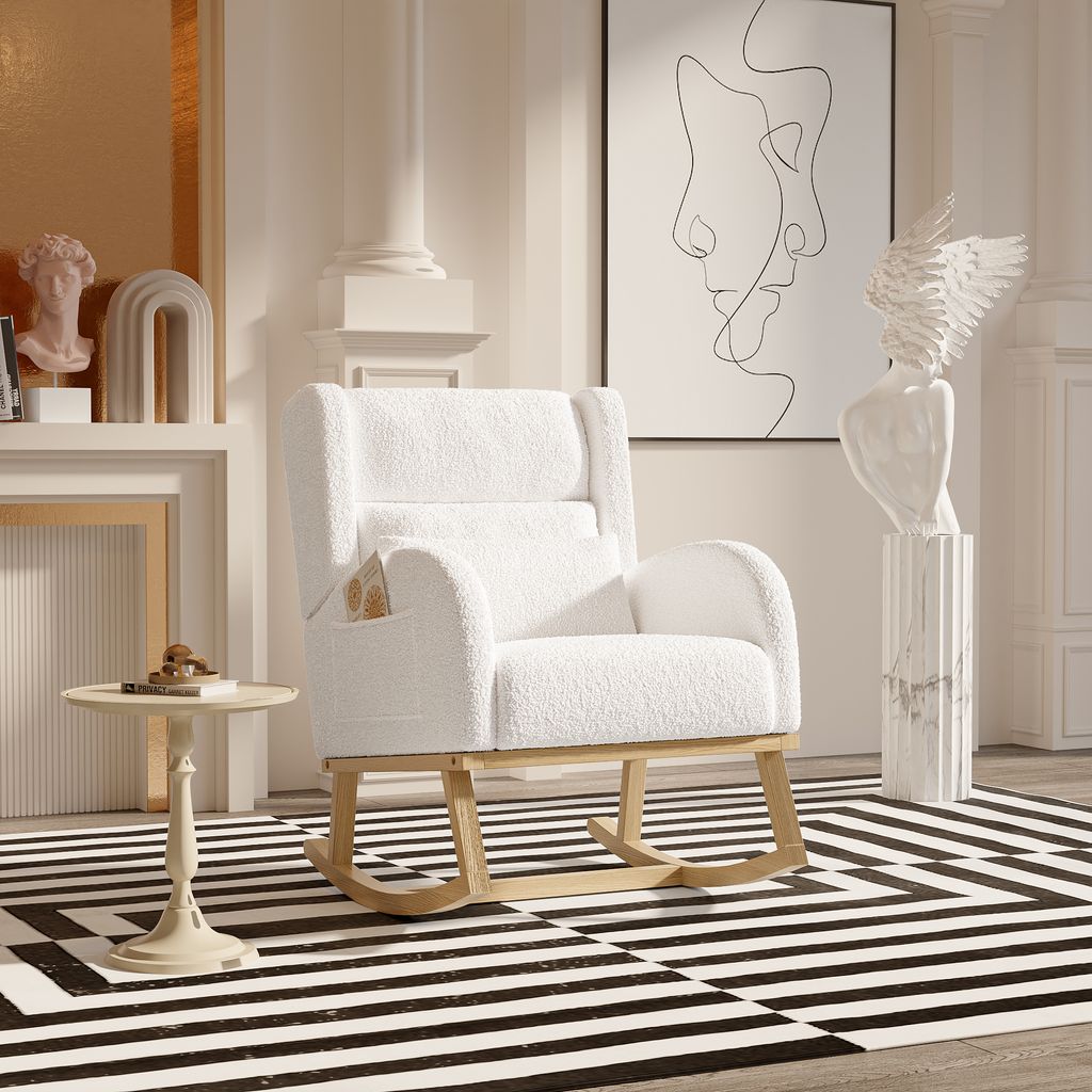 Schaukelstuhl Wolle Schaukelsessel Teddy Sessel mit Metallgestell und Holzsockel moderner Sessel Wohnzimmer Polstersessel Relaxstuhl für Schlafzim...