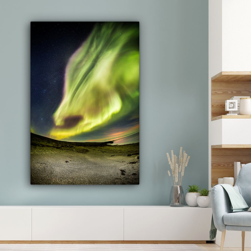 OneMillionCanvasses - Leinwandbilder - 90x140 cm, Nordlichter - Island - Orange - Grün, Wandbilder Kunstdruck Wanddekoration - Wandschmucke - Sc...