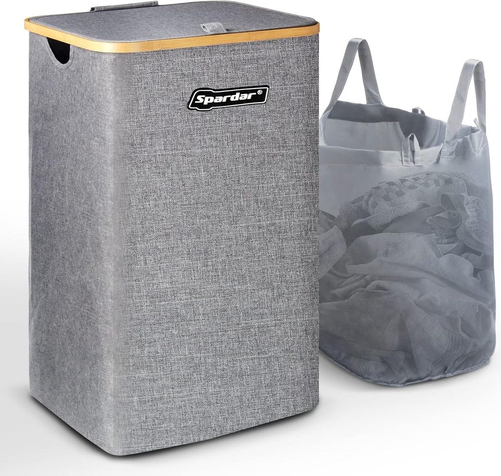 Zusammenklappbarer Wäschekorb mit Deckel und Wäschesack - 100 Liter - XXL Wäsche-Sammler - Grau - Doppelte Handgriffe - Schmutzwäsche Wicker St...