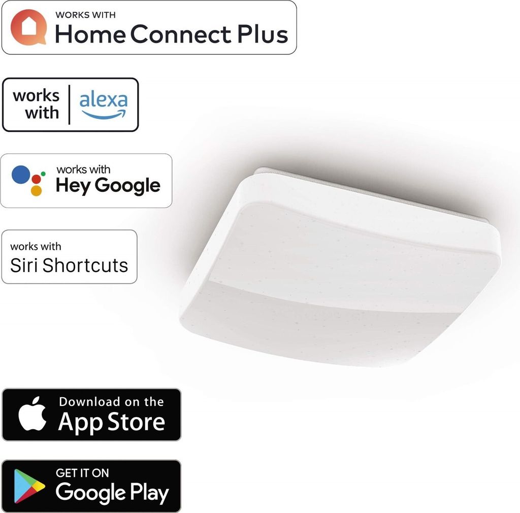 A white square ceiling light is shown on a white background, with various compatibility logos and app store download buttons.