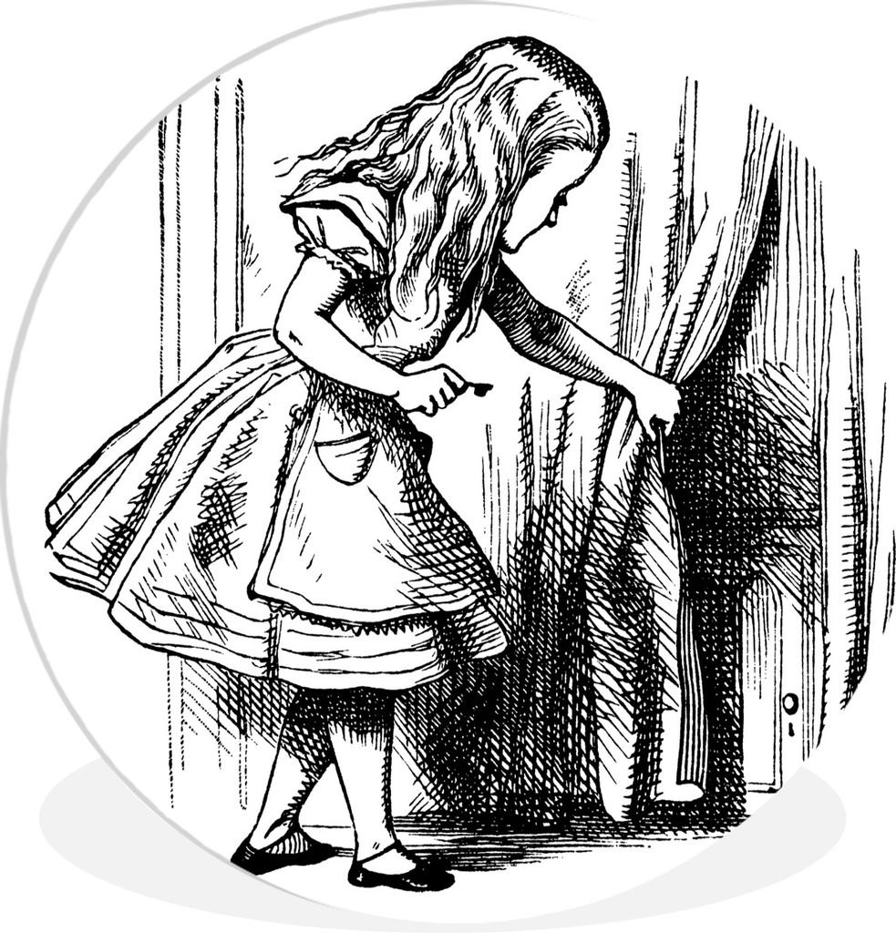 MuchoWow Rundes Wandbild - Runde Bilder Vintage-Illustration Alice und die Tür - schwarz und weiß Ø 60 cm Kreis Wanddekoration Kunststoff - Wa...