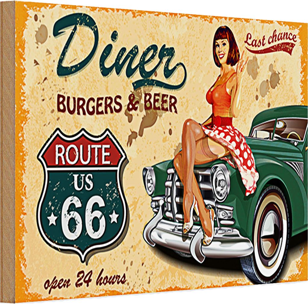 Holzschild Pinup 30x20cm Retro diner burgers beer