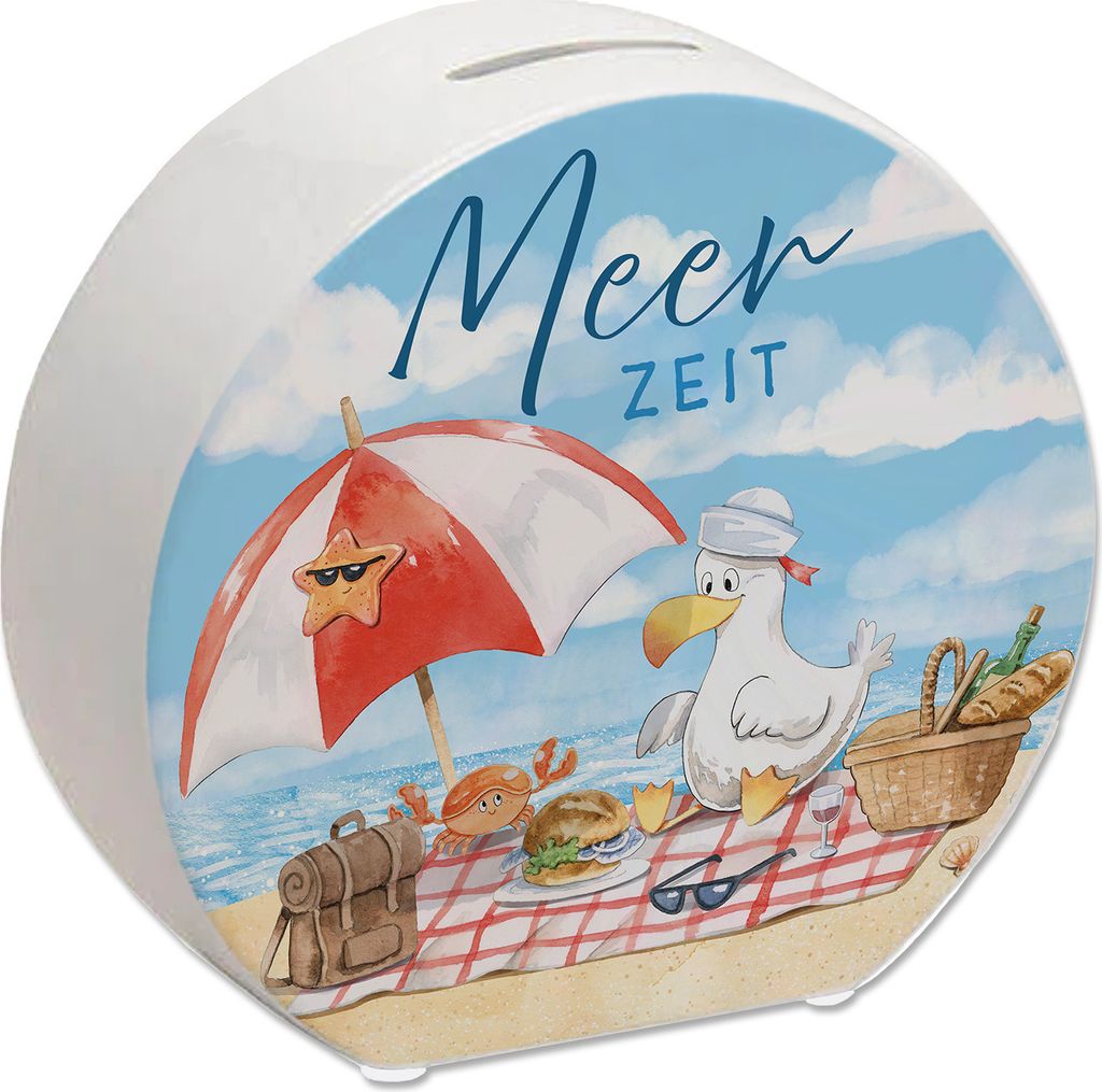 Möwe am Strand Spardose mit Spruch Meerzeit