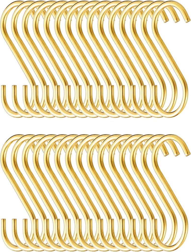 Evanda Goldene S-Haken - 30 Stück, robuste Edelstahl-Haken für Küche, Bad, Outdoor, Garten, Büro, hängende Pfanne, Topf, Küchenutensilien, Ta...