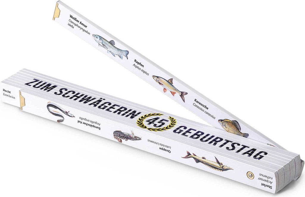 Geschenk für die Schwägerin-Anglerin: bedruckter Zollstock mit "Petri Heil" und 30 Fischfotos