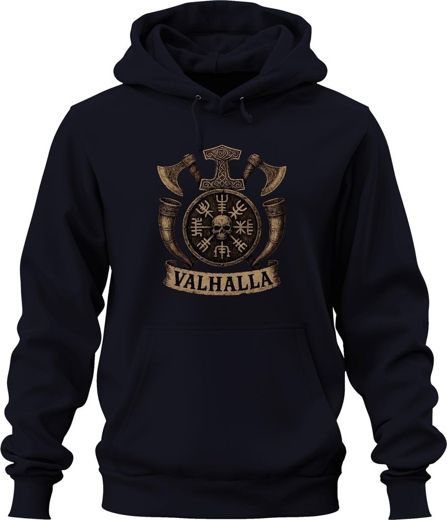 Wikinger Valhalla Runen Vegvisir Schild Schädel Äxte Hörner Retro Uni Hoodie Kapuzenpullover, Navy, XXL