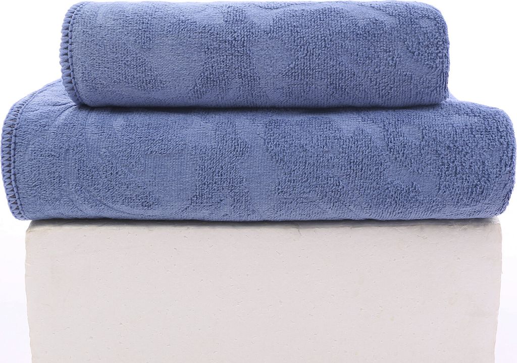 FEBE Handtücher Badetuch 70x140 + 50x100 cm Hellblau Handtücher Set Badehandtuch Frottee mit Blumen Muster Mikrofaser Towel