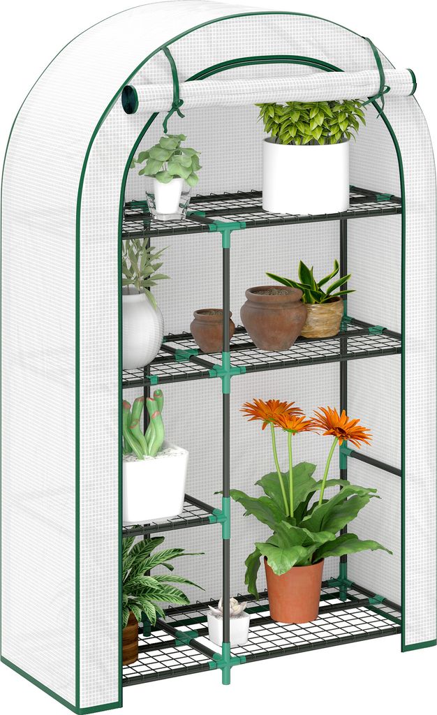 Outsunny Gewächshaus mit Runddach Tür, Regale, winterfest Foliengewächshaus aus Stahl, Treibhaus für Balkon, Garten, Tomatenhaus 100 x 45 x 160...