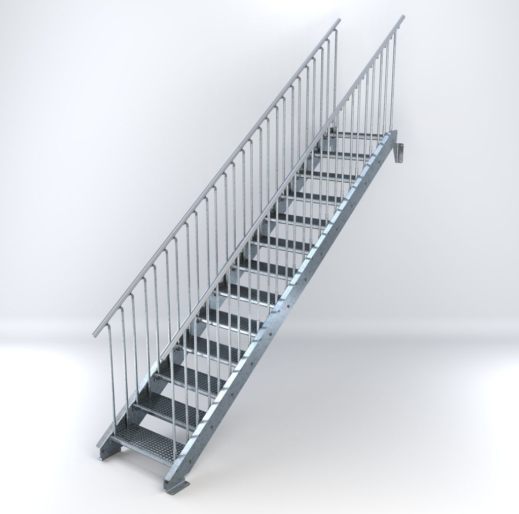 Stahltreppe 13 Stufen bis Höhe 260 cm, Laufbreite : 70 cm beidseitiges Geländer ST 2 (31 / 31 mm gezackt)