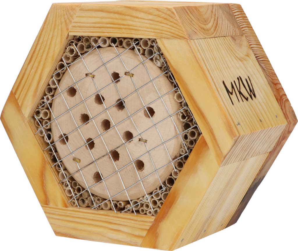 Kleines Insektenhotel Honigwabe aus Holz MKW - Premium Insektenhaus aus massivem Laub- und Nadelholz - Wetterfest - für Wildbienen & Marienkäfer