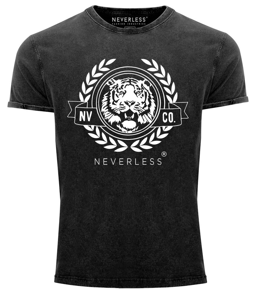 Herren Vintage Shirt Schriftzug Oldschool Print Tiger Bedruck Printshirt T-Shirt Aufdruck Used Look Neverless schwarz S