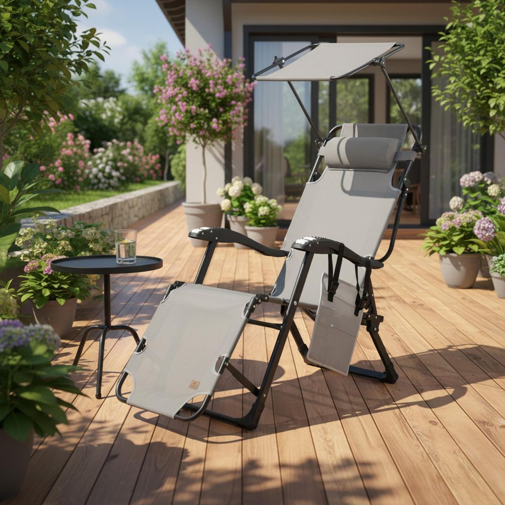 Klappbare Sonnenliege Mit Kopfkissen & Holzarmlehnen - Wetterfeste Gartenliege Bis 150 Kg Beige