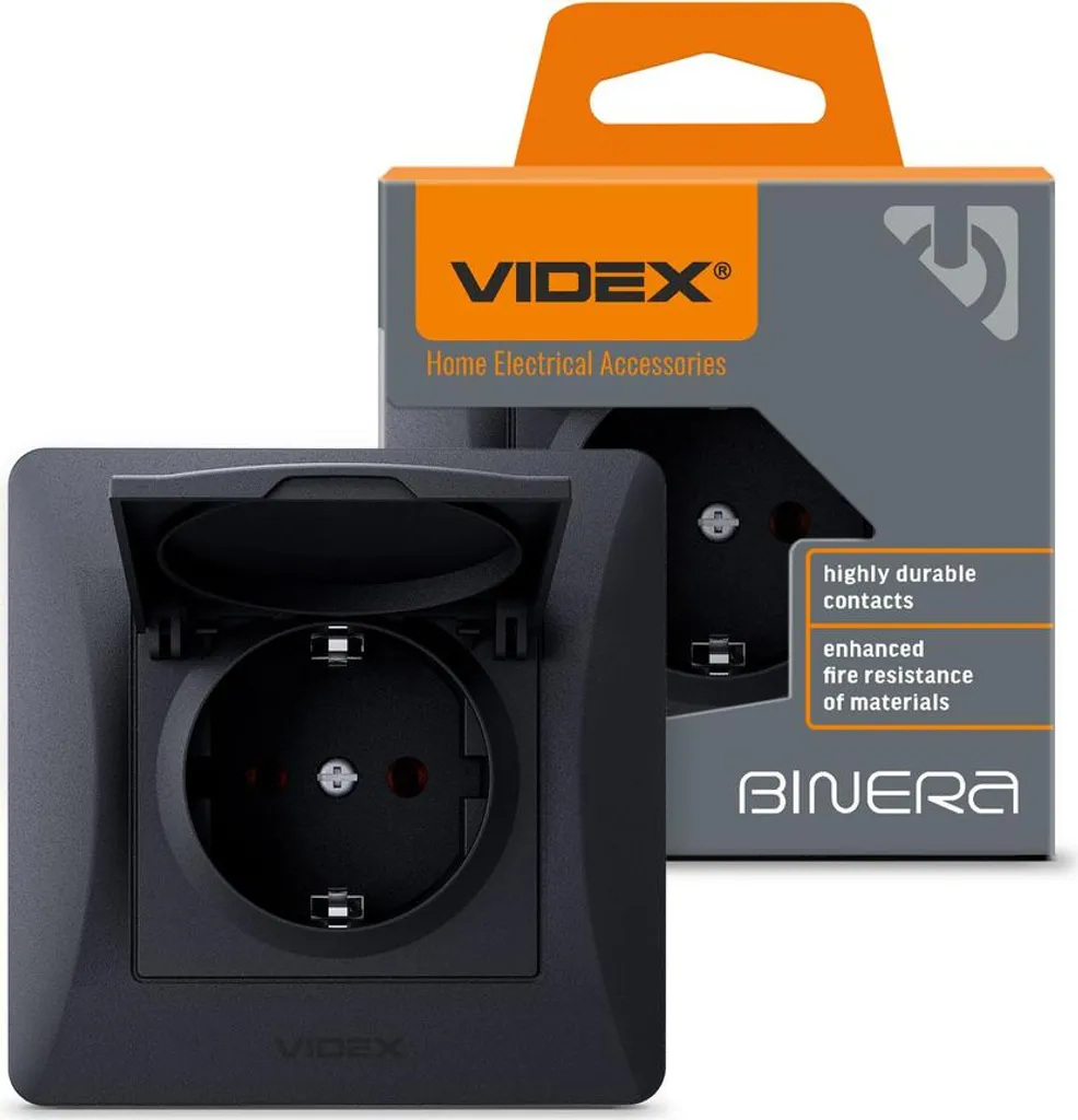 Videx Binera Prise Unique Type F 16A Schuko Encastrée Noire avec Clapet
