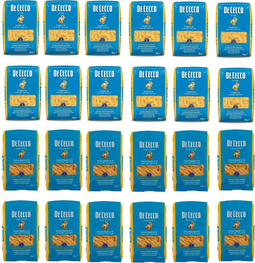 Testapaket Pasta De Cecco 100% Italienisch 12x Fusilli n. 34 Nudeln 500g 12x Penne rigate 500g (24x 500g) + Italian Gourmet Polpa 400g
