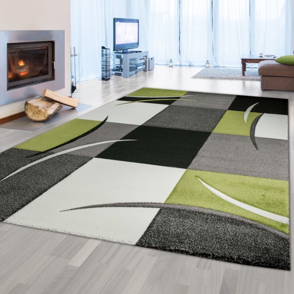 Designer Teppich Moderner Teppich Wohnzimmer Teppich Kurzflor Teppich mit Konturenschnitt Karo Muster Grün Grau Creme Schwarz Größe - 80 x 300 cm