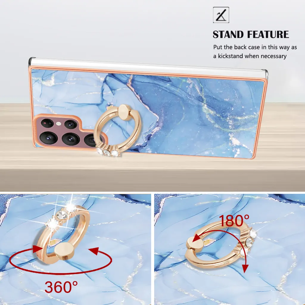Custodia per Samsung Galaxy S22 Ultra 5G, custodia protettiva in silicone TPU bumper a fantasia con supporto ad anello blu - 4