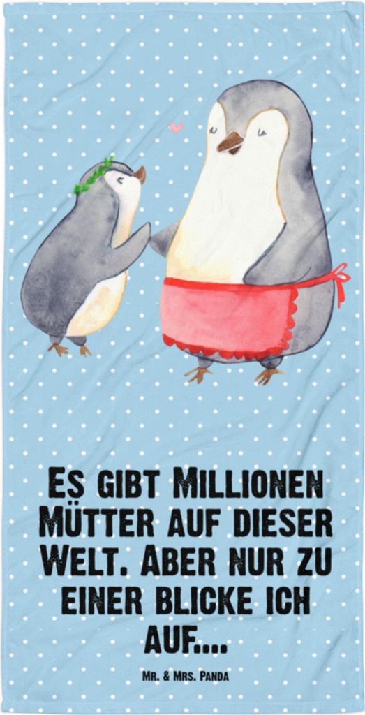 Mr. & Mrs. Panda Handtuch Pinguin mit Kind - Blau Pastell - Geschenk, Muttertag, Familie, Duschhandtuch, Design, Strandtuch, Großes Badehandtuch, ...