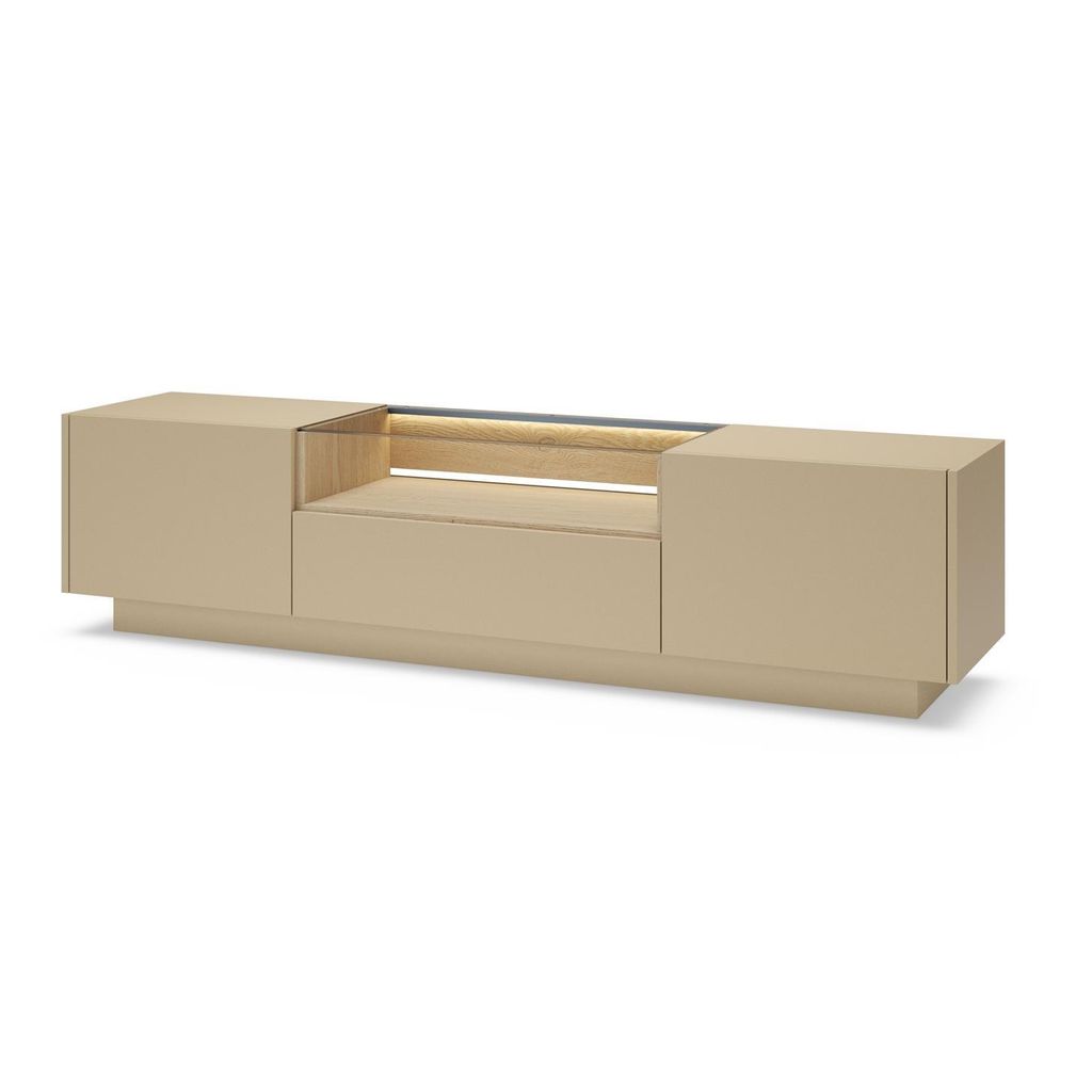 BETTSO TV-Lowboard KIRO 2-türig 1 Schublade LED-Beleuchtung Glasplatte – Kakao / Eiche Cremona TV-Board Japandi Push-to-Open 176x43 cm
