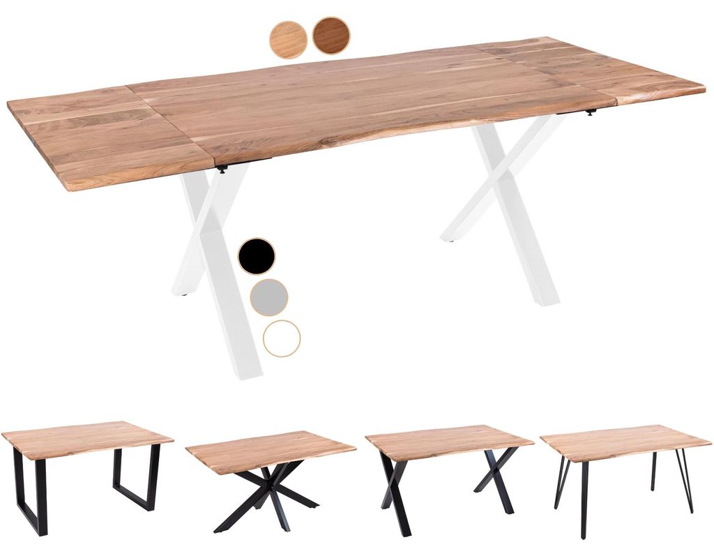 Baumkantentisch 220 (320) x 100 cm Avino, Akazienholz naturfarben & massiv, Esszimmertisch mit 2 Ansteckplatten, Weißes X-Metallgestell, Esstisch ...