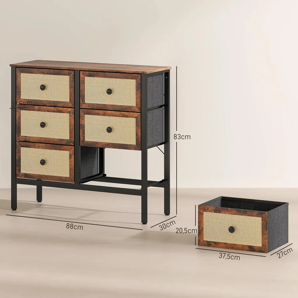 Commode 6 tiroirs pliables gain de place brun rustique finition mate