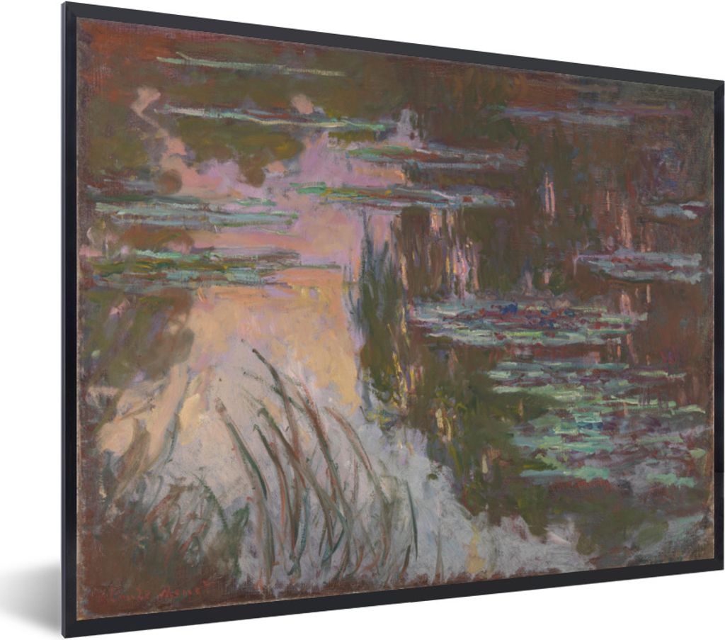 MuchoWow Gerahmtes Poster Seerosen bei Sonnenuntergang - Gemälde von Claude Monet 80x60 cm - Poster mit Schwarzem Bilderrahmen Wandposter Rahmen...